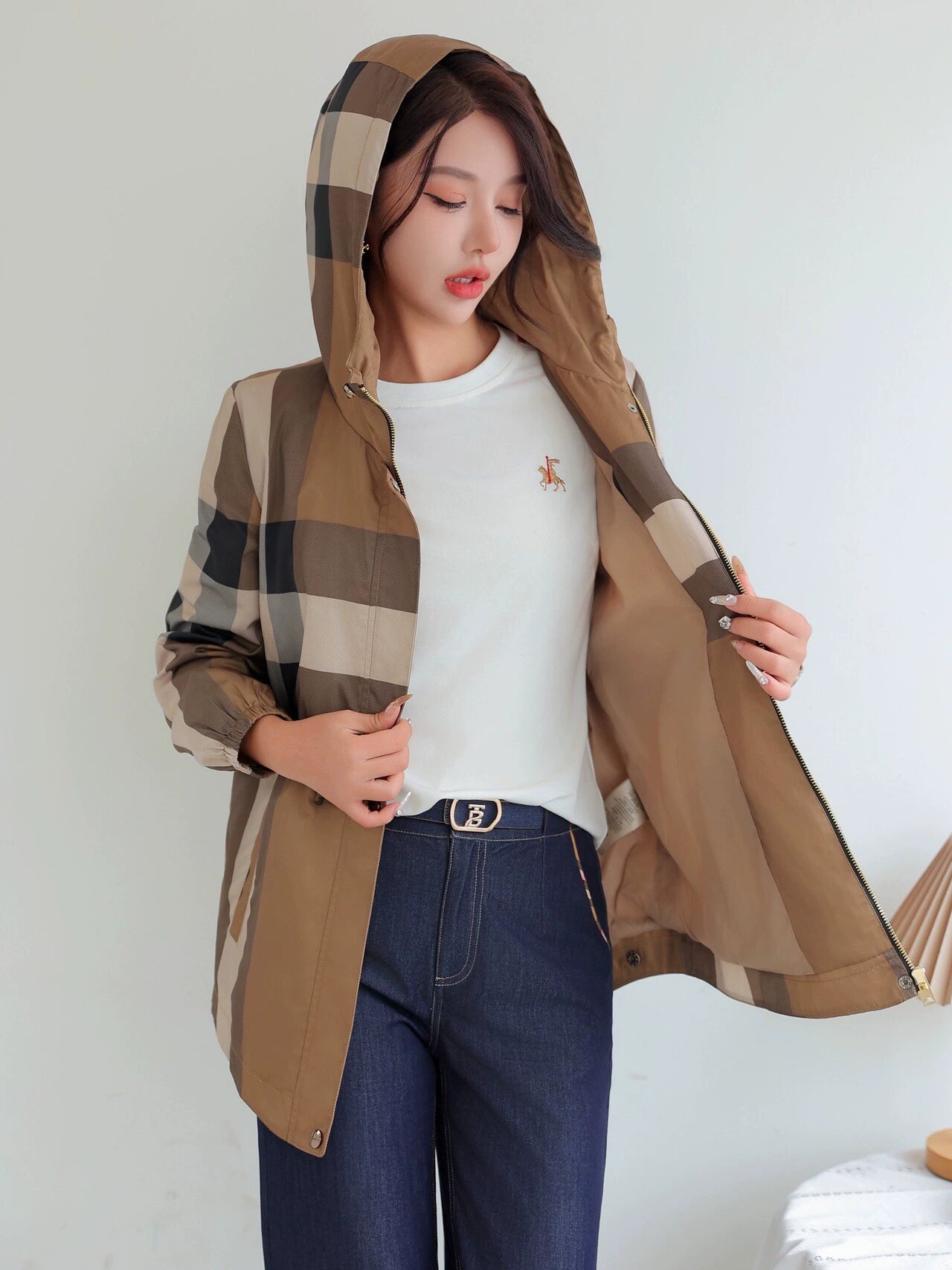 British Plaid Women's Drawstring Midi Length Length Hoodie Coat