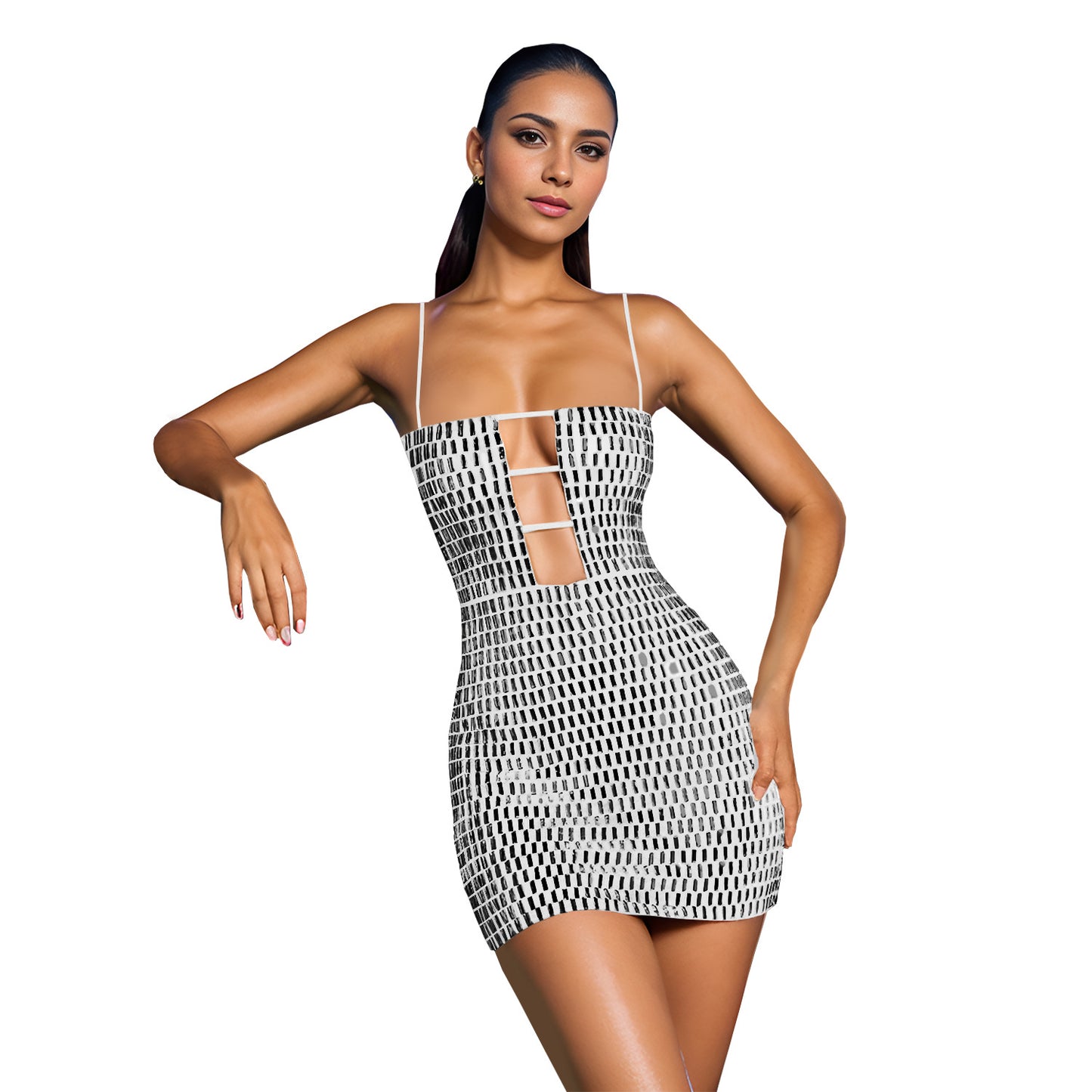 Shiny Geometric Rhinestone Hollow-Out Spaghetti Strap Formal Mini Dress