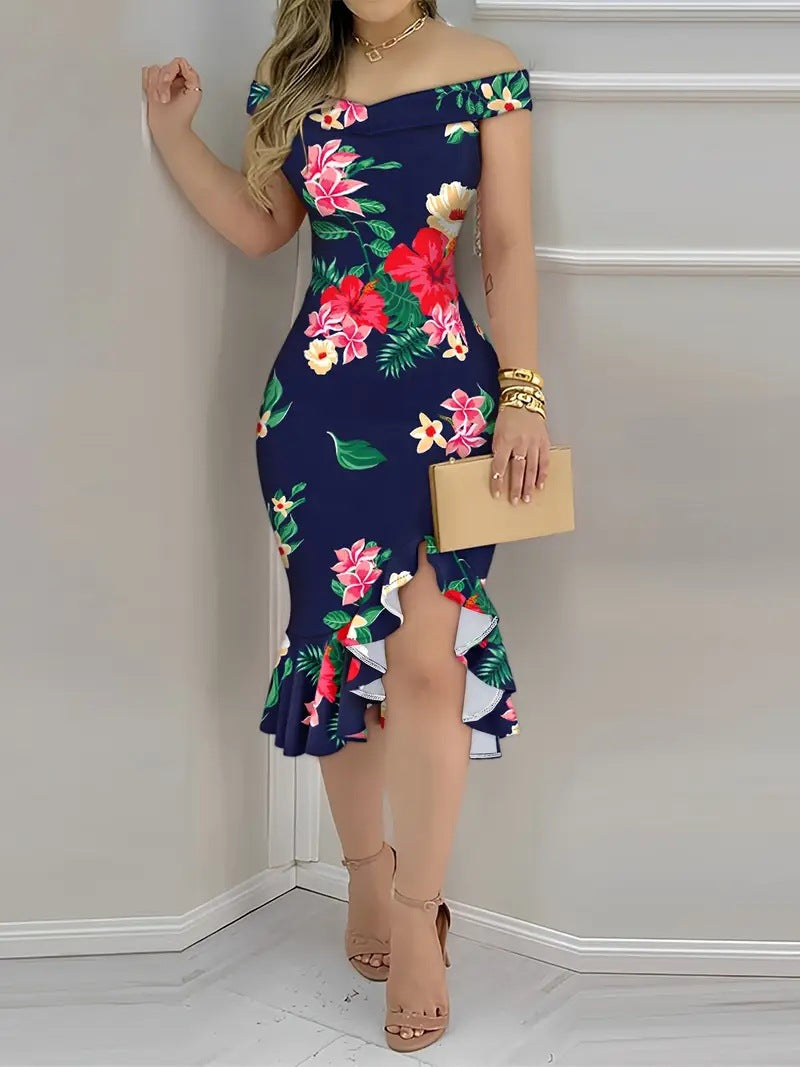 Floral/Plaid/Geometric Print Off-the-Shoulder Ruffled Bodycon Midi Dress