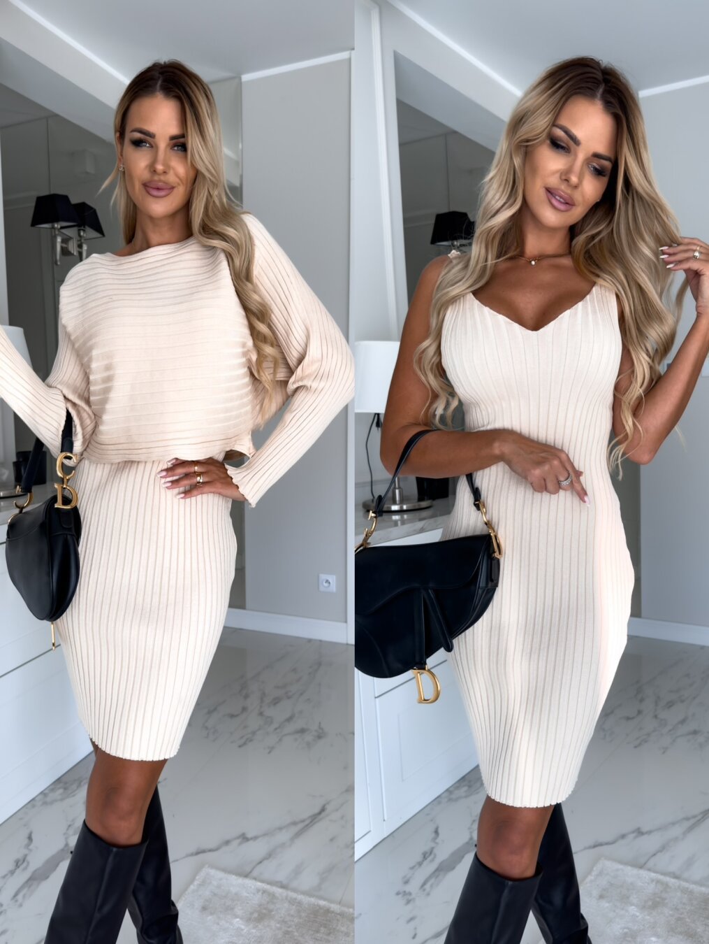 Ribbed Solid Knitted Long Sleeve Sweater + Cami Tank Midi Sweater Dress 2-Piece Set to 3X