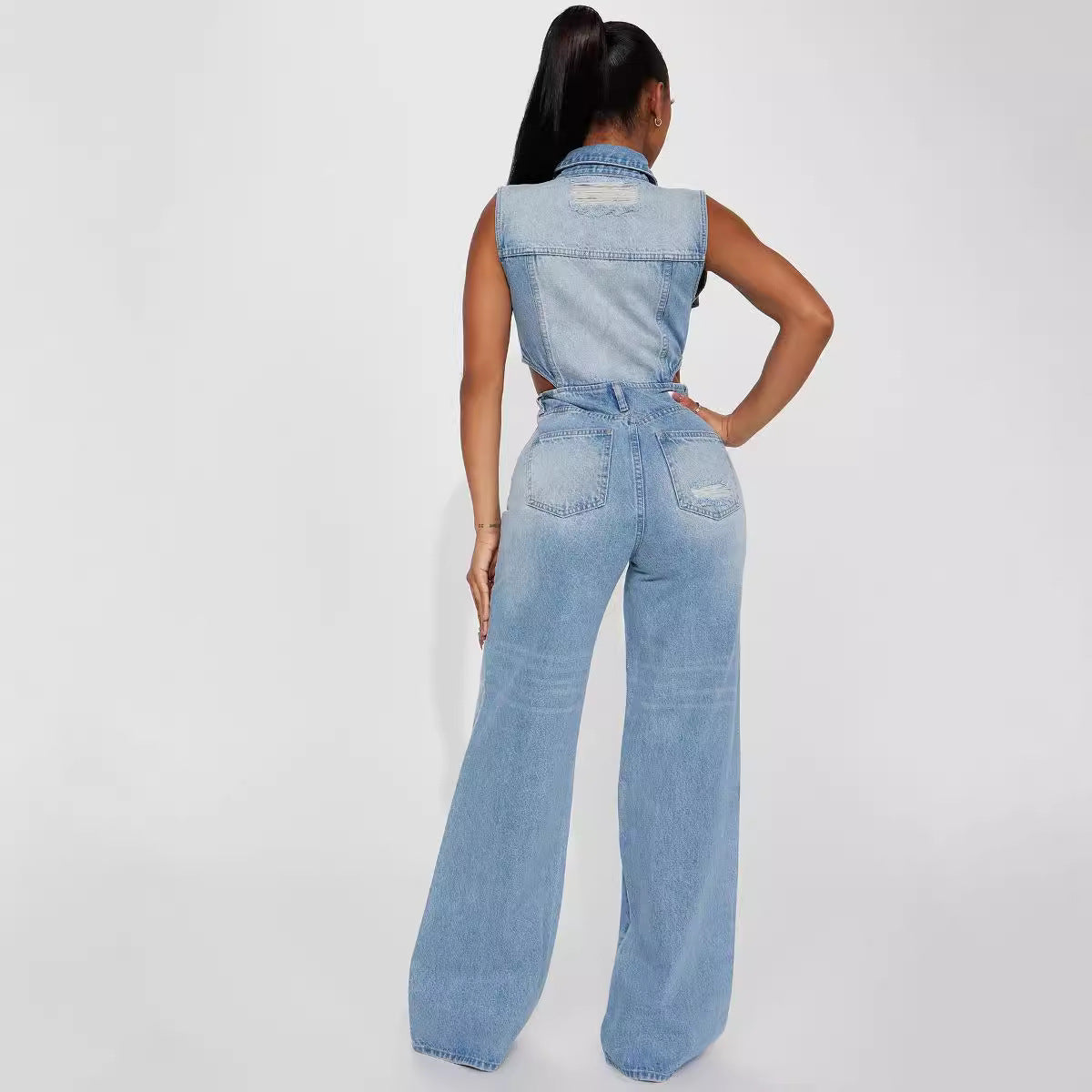 Denim Light Blue Gradient Washed Women's Hollow-Out Double Pocket Sleeveless Turn-Down Collar Overall Jean Jumpsuit