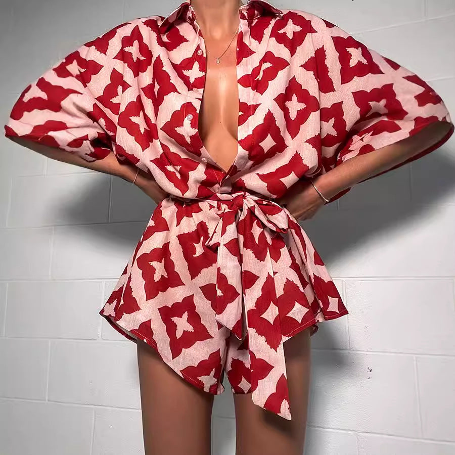 Red/Pink Geometric Print Women's Turn-Down Collar Short Batwing Sleeve Sash Belt Shorts Romper