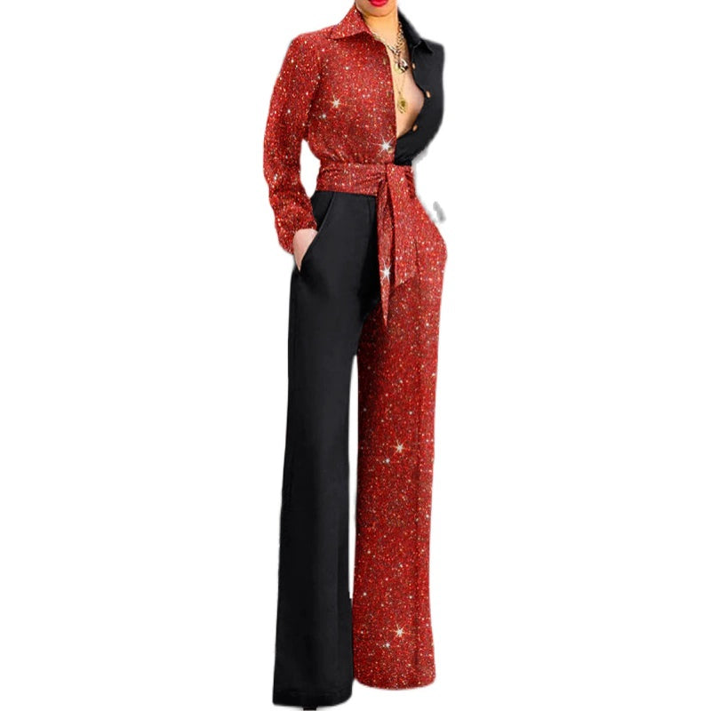 Sparkling Glitter Colorblock Turn-Down Collar Women's Long Sleeve V-Neck Sash Belt Formal Jumpsuit