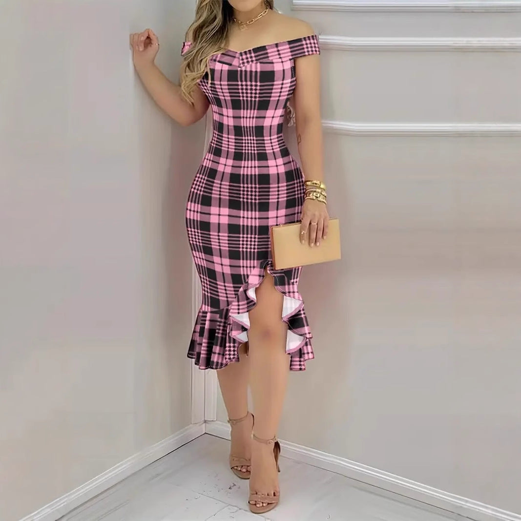 Floral/Plaid/Geometric Print Off-the-Shoulder Ruffled Bodycon Midi Dress