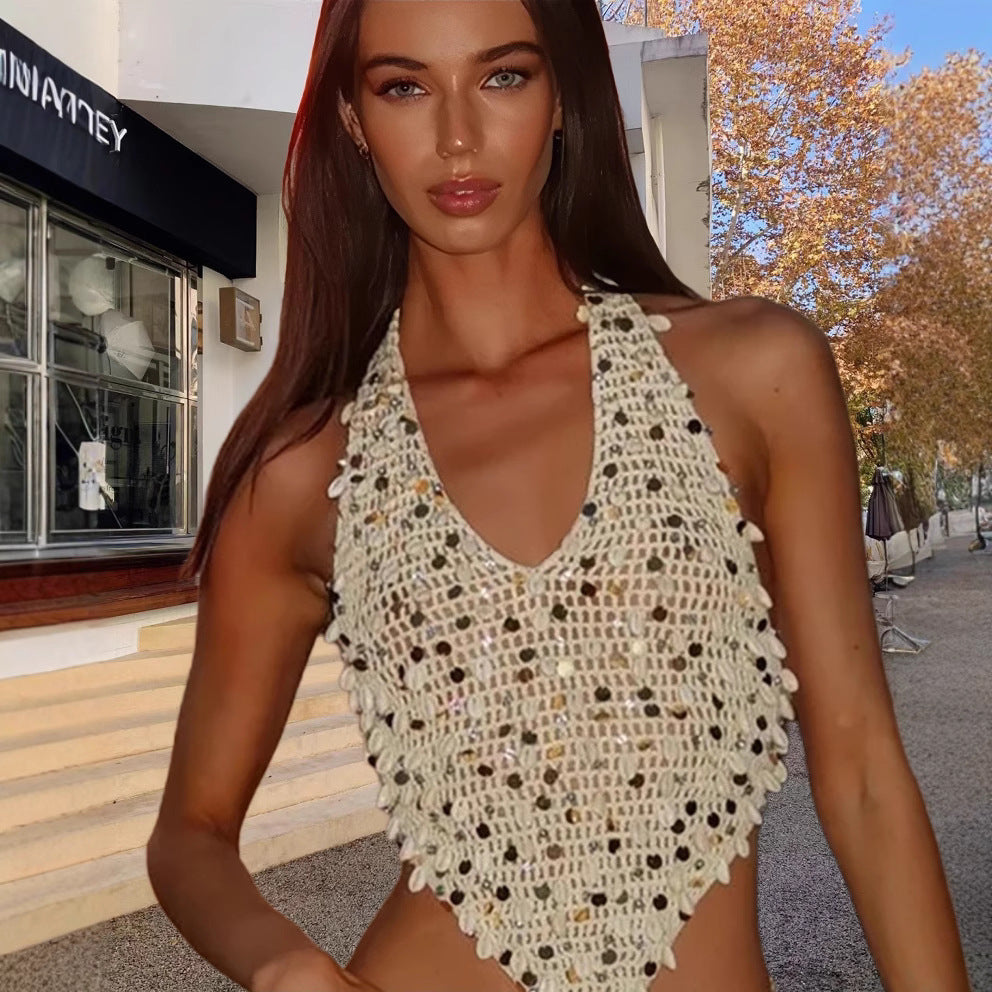 Sequin Metallic Shell Decor Sheer Sleeveless Women's V-Neck Backless Halter + Mini Skirt 2-Piece Set