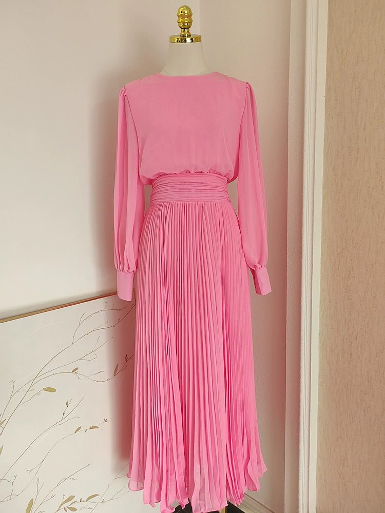 Pink Bowtie Neck French Style Slim Long Sleeve Pleated Skirt Dress