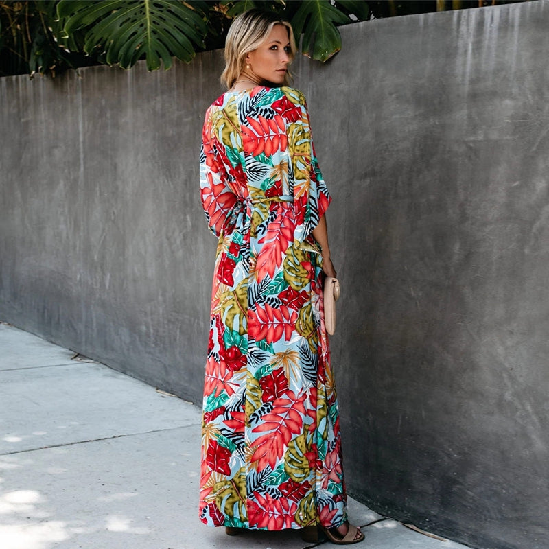 Leaf Print V-Neck Long Sleeve Maxi Dress