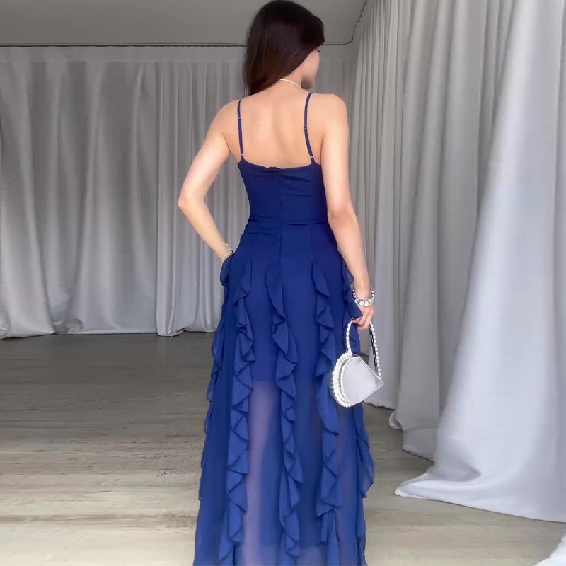 Ruffled Skinny Layered Sheer Patchwork Sleeveless Spaghetti Strap Maxi Party Dress