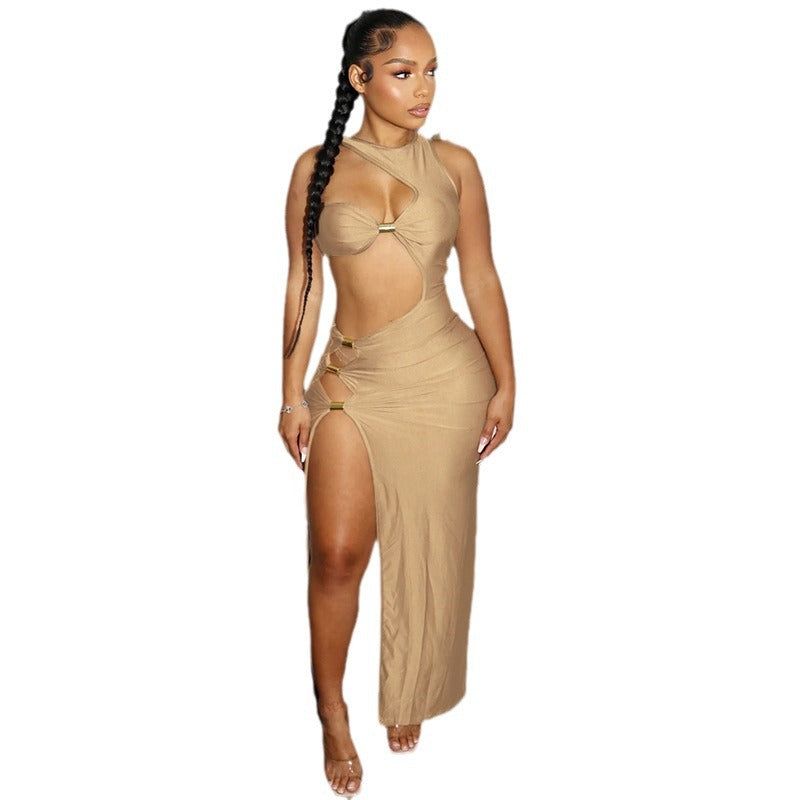 Irregular Sleeveless One Shoulder Asymmetrical Hollow-Out Design High Slit Maxi Dress