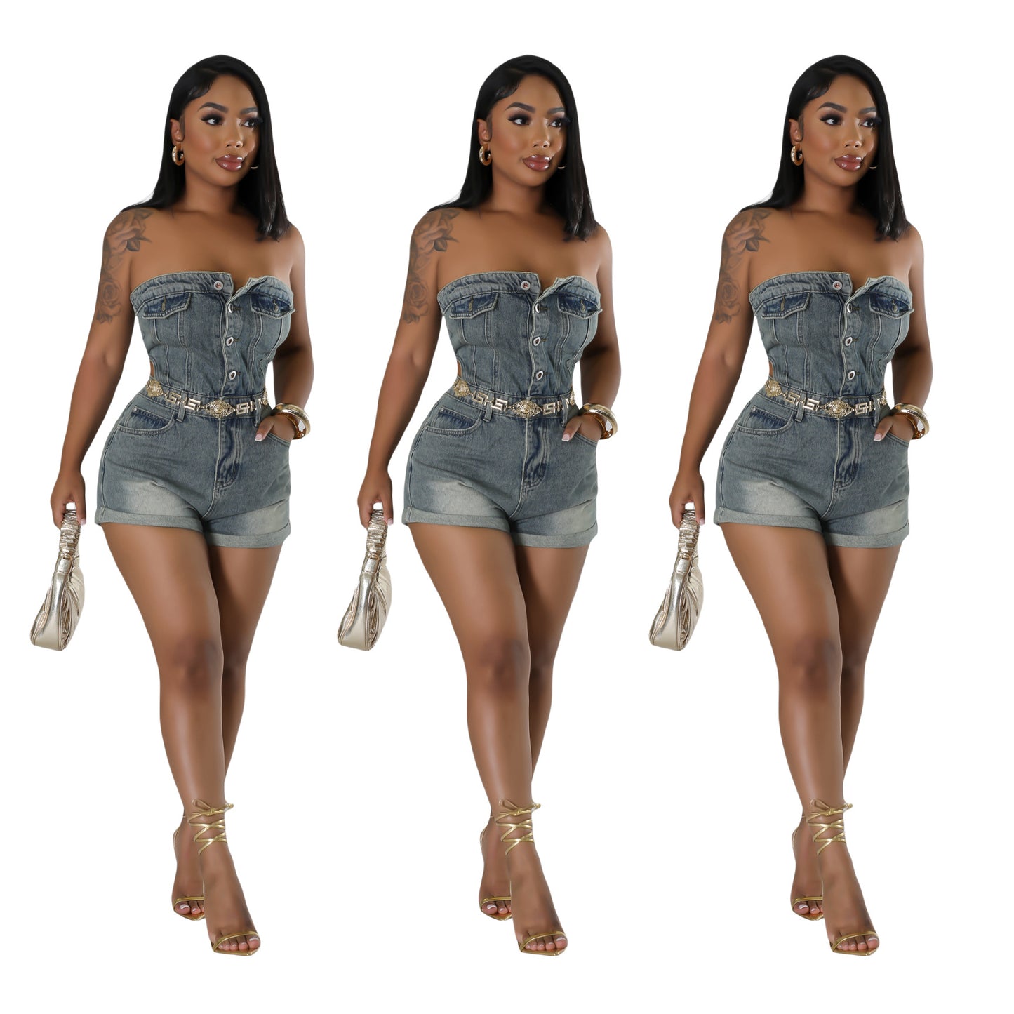 Denim Faded Grey Button-Up Women's Tube Top Jean Mini Shorts Romper