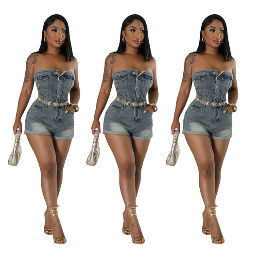 Denim Faded Grey Button-Up Women's Tube Top Jean Mini Shorts Romper