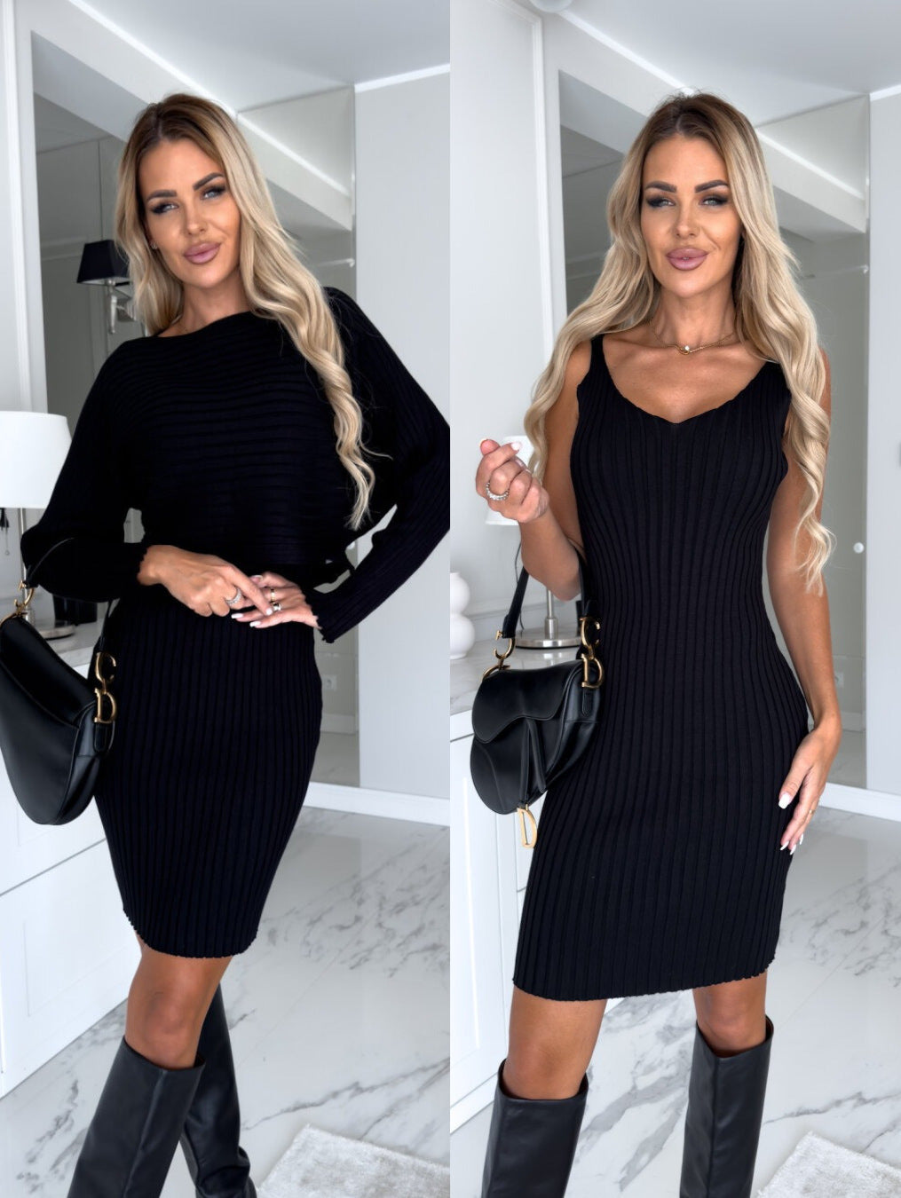 Ribbed Solid Knitted Long Sleeve Sweater + Cami Tank Midi Sweater Dress 2-Piece Set to 3X