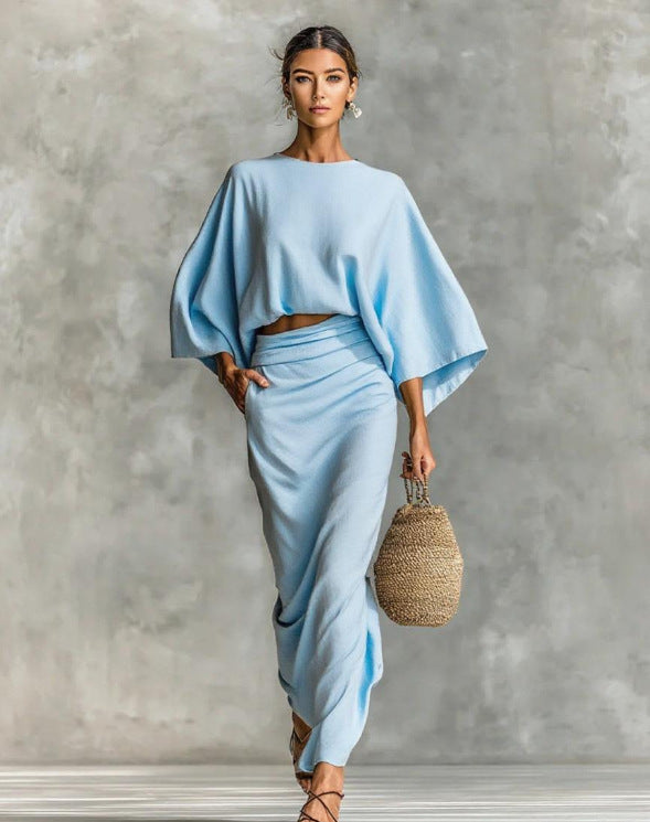 Wide Sleeve Solid Color Loose Women's Top + Ruched Maxi Skirt 2-Piece Set to 3X Plus Size