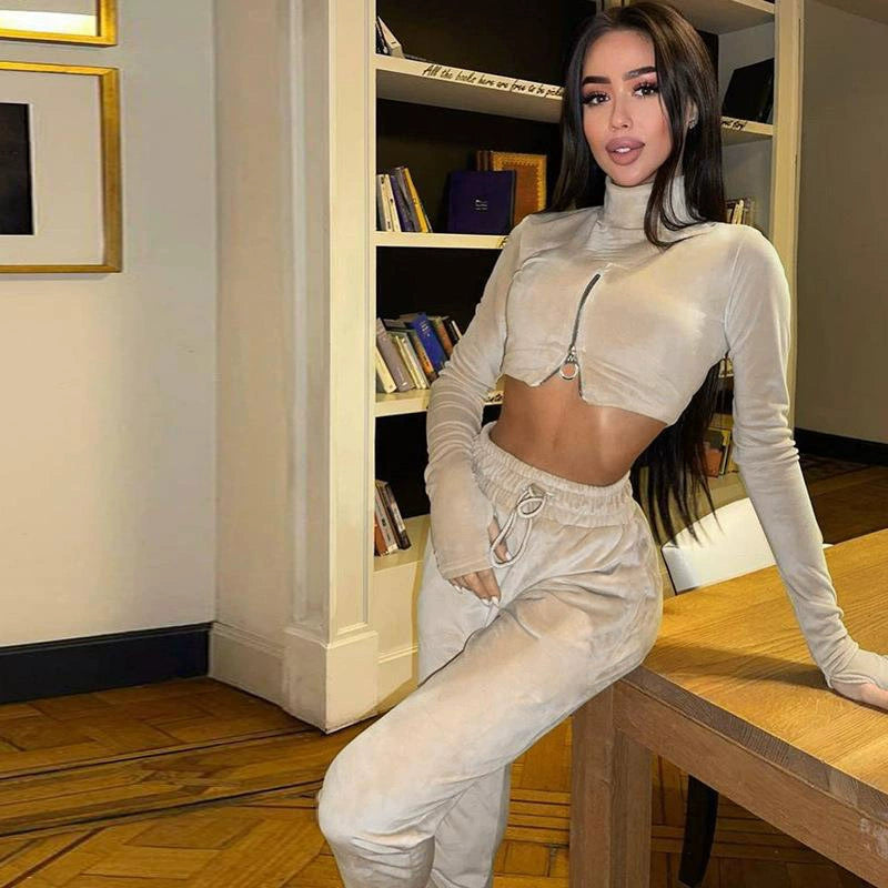Reverse Zipper Women's Long Sleeve Crop Pullover Jacket + Drawstring Sweatpants Tracksuit