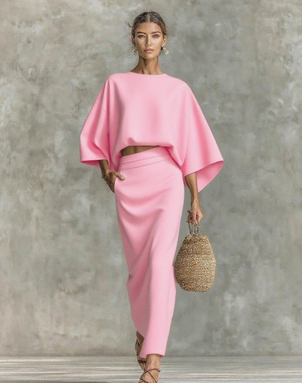 Wide Sleeve Solid Color Loose Women's Top + Ruched Maxi Skirt 2-Piece Set to 3X Plus Size