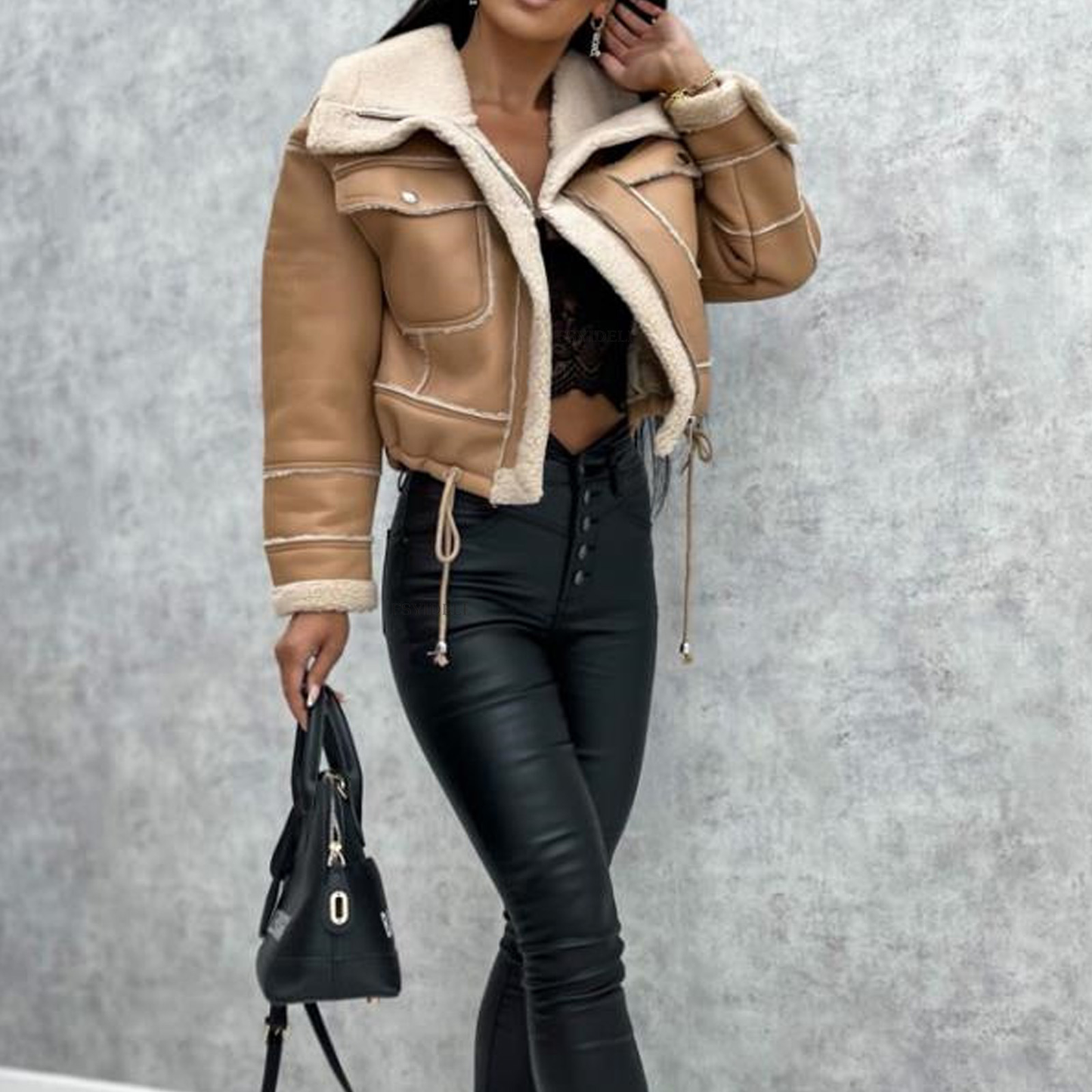 Patchwork Faux Fur PU Leather Lined Women's Short Zipper Drawstring Jacket