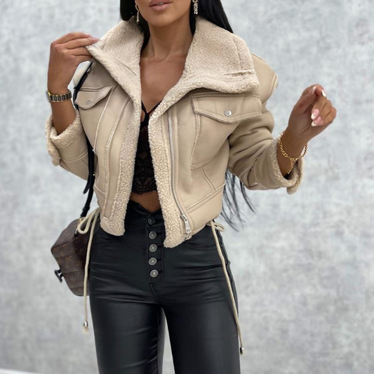 Patchwork Faux Fur PU Leather Lined Women's Short Zipper Drawstring Jacket