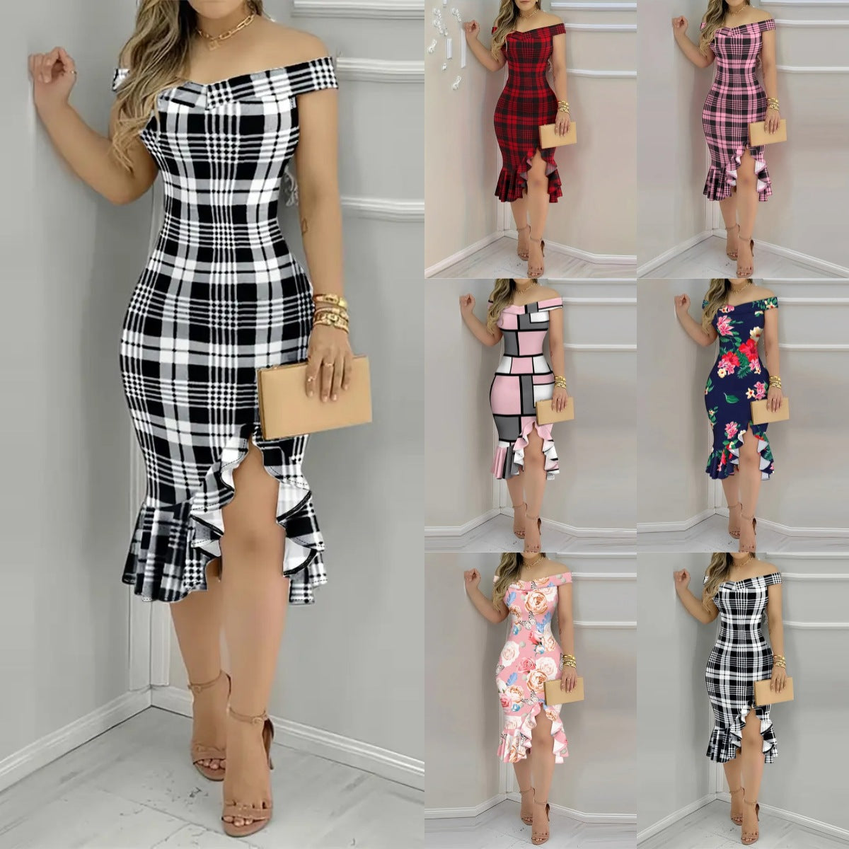 Floral/Plaid/Geometric Print Off-the-Shoulder Ruffled Bodycon Midi Dress