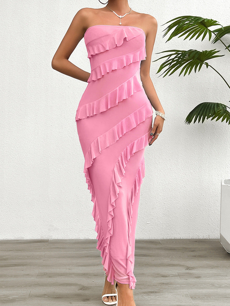 Sleeveless Tassel Fringe Detail Solid Color High Slit Tube Maxi Dress