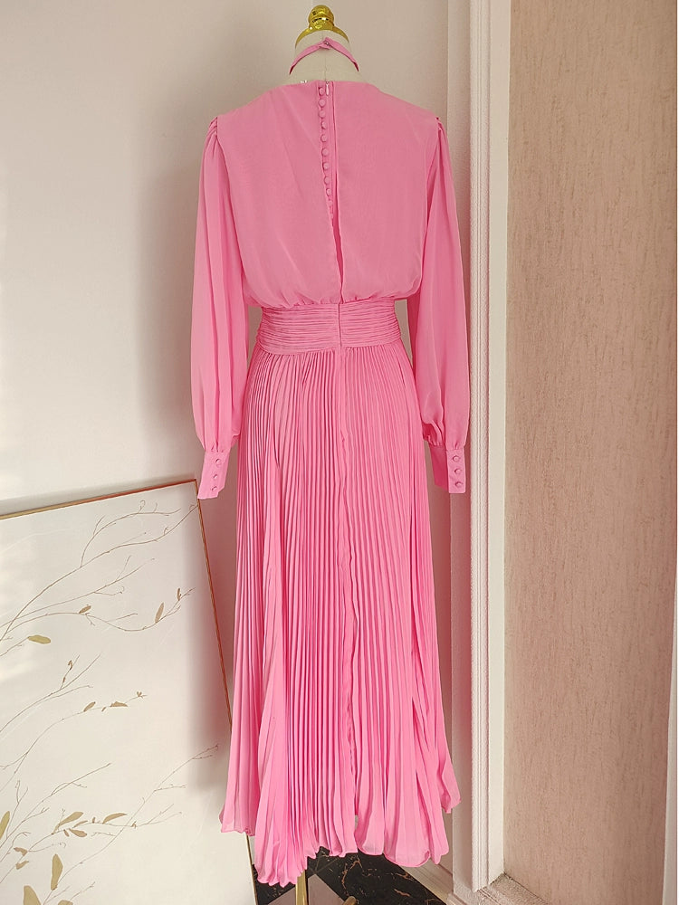 Pink Bowtie Neck French Style Slim Long Sleeve Pleated Skirt Dress