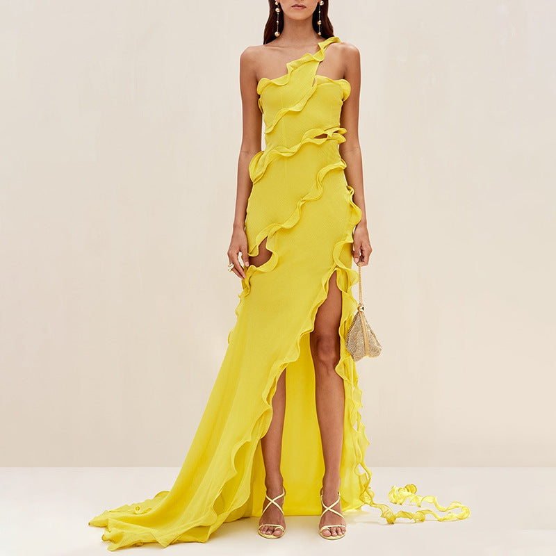 Yellow Asymmetrical One Shoulder Layered Ruffled Sleeveless Patchwork Slit Formal Maxi Dress