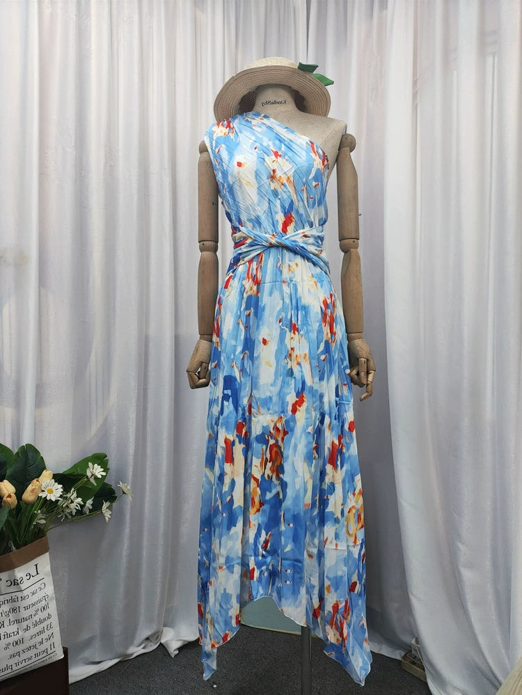 Satin Pleated Floral/Solid Asymmetrical One Shoulder Oblique Collar Maxi Dress w/ Sash Belt