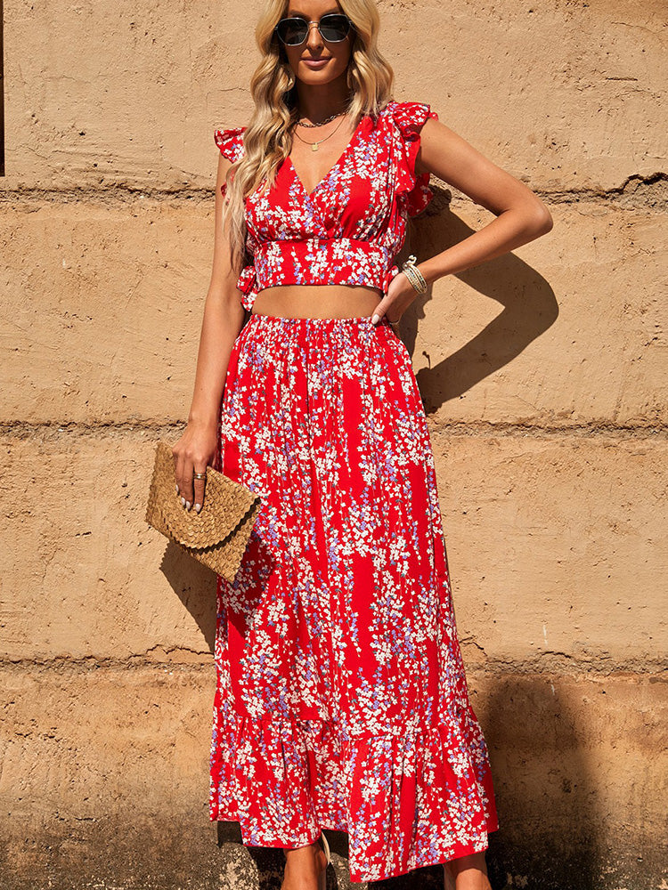 Lotus Leaf Print Crop V-Neck Top + Ruffled Hem Maxi Skirt Two-Piece Set