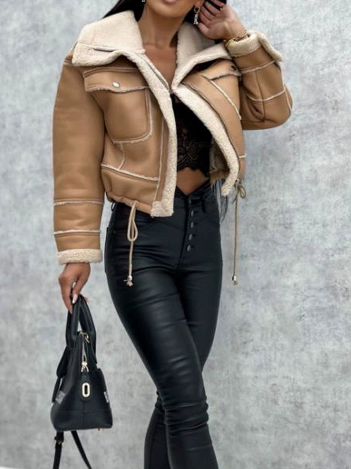 Patchwork Faux Fur PU Leather Lined Women's Short Zipper Drawstring Jacket
