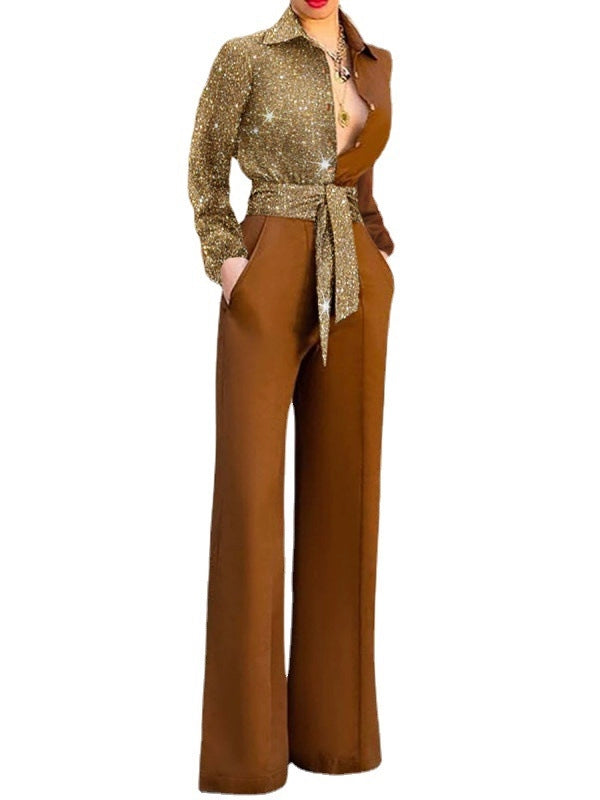 Sparkling Glitter Colorblock Turn-Down Collar Women's Long Sleeve V-Neck Sash Belt Formal Jumpsuit