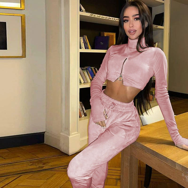 Reverse Zipper Women's Long Sleeve Crop Pullover Jacket + Drawstring Sweatpants Tracksuit
