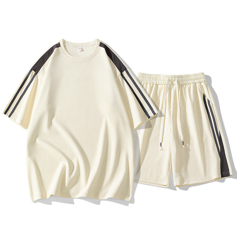 Men's Side Striped Loose Round Neck Short Sleeve T-Shirt + Matching Shorts 2-Piece Fitness Workout Set
