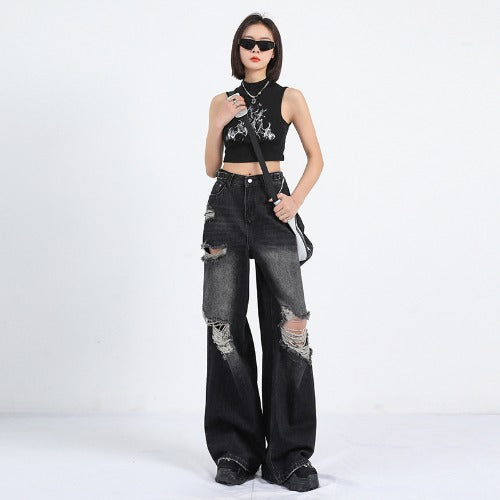 Black Washed Colorblock Ripped Fringe Design Straight Loose Women's Wide Leg Jeans