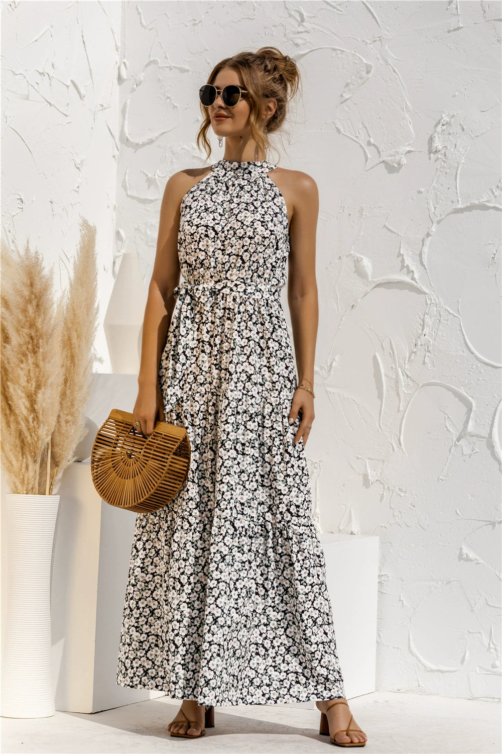 Floral/Polka Dot Halter Beach Maxi Dress