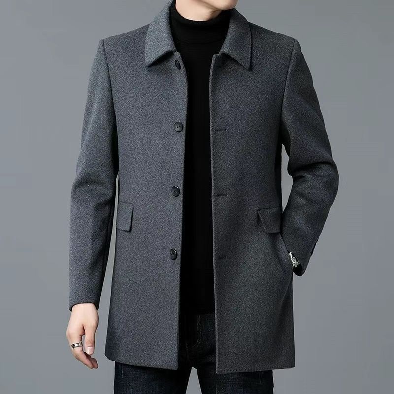 Men's Turn-Down Collar Mid-Length Double-Sided Lapel Wool Pea Coat