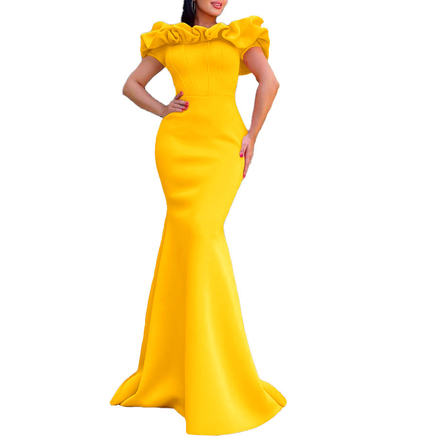 Fishtail Ruffled Collar Pleated Evening Dress