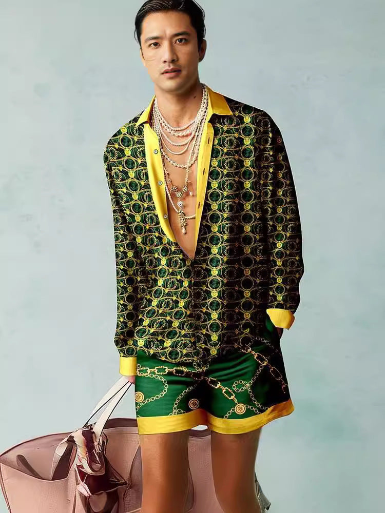 Men's Open V-Neck Floral/Baroque/African/Music Note 3D Printed Long Sleeve Shirt + Shorts 2-Piece Summer Set
