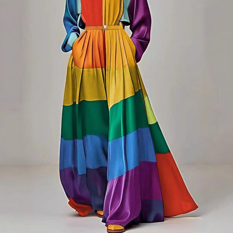 Rainbow Striped Colorblock Long Sleeve Loose O-Neck Maxi Dress w/ Sash Belt
