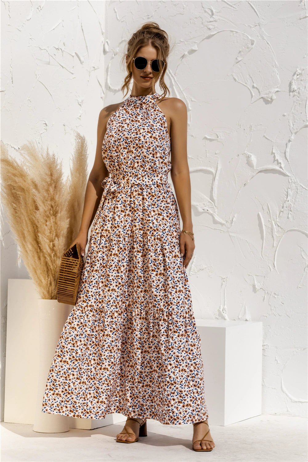 Floral/Polka Dot Halter Beach Maxi Dress