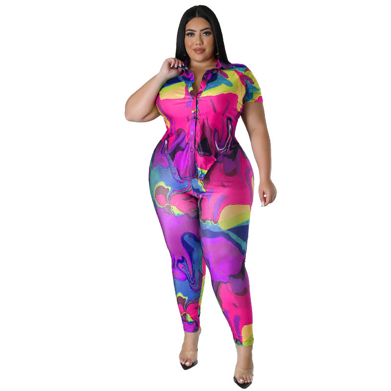 Tropical Tie-Dye Geometric Print Turn-Down Collar Short Sleeve Top + Skin Tight Leggings 2-Piece Set to 4X Plus Size