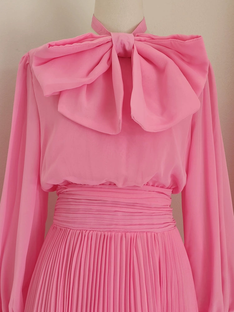 Pink Bowtie Neck French Style Slim Long Sleeve Pleated Skirt Dress