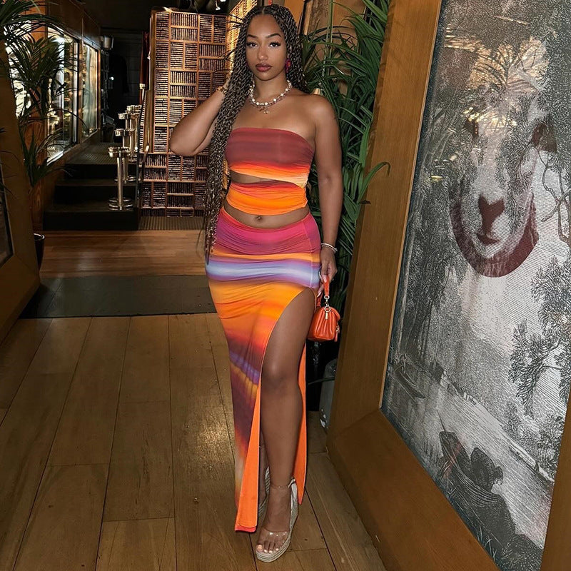 Gradient Striped Colorblock Women's Sleeveless Strapless Crop Tube Top + High Slit Elastic Waist Maxi Skirt 2-Piece Set