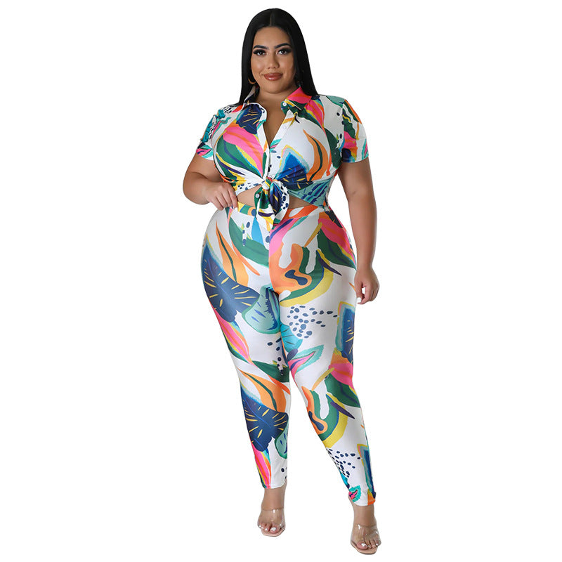 Tropical Tie-Dye Geometric Print Turn-Down Collar Short Sleeve Top + Skin Tight Leggings 2-Piece Set to 4X Plus Size