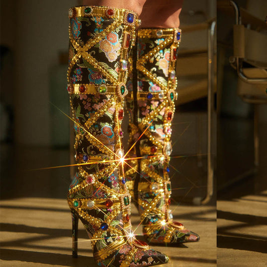 Rhinestone Baroque Metallic Floral Gold/Black Gladiator Stiletto Heel Knee-High Women's Boots