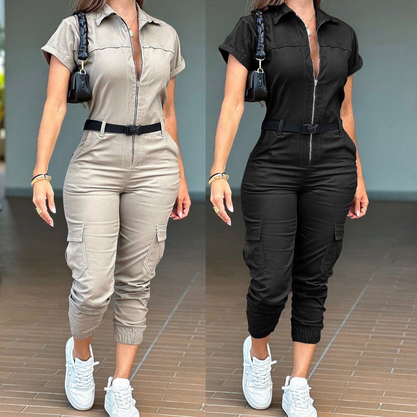 Cargo Pocketed Women's Short Sleeve Turn-Down Collar Zipper Front Skinny Fit Jumpsuit