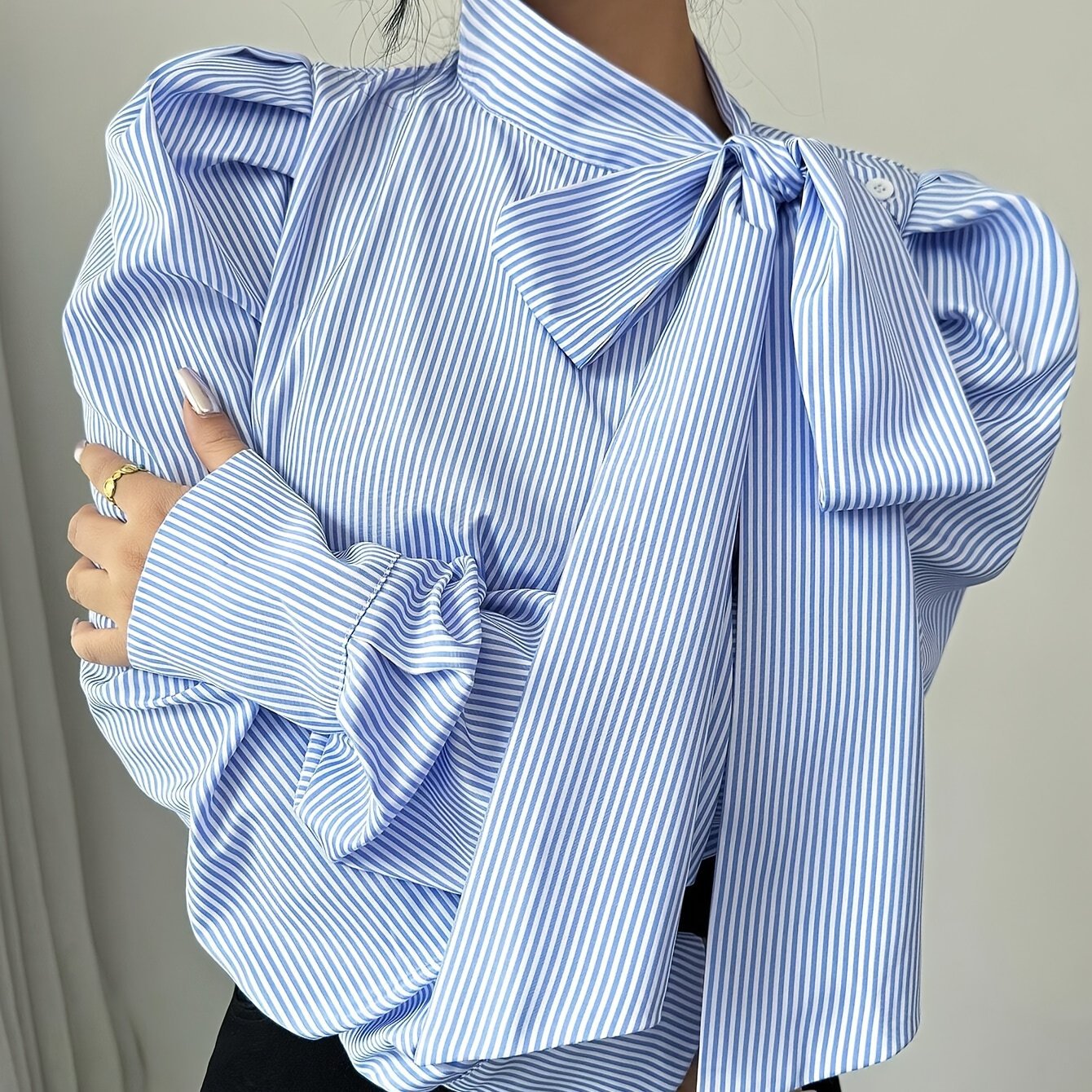 Baby Blue Oversized Pinstriped Bowtie Collar Long Balloon Sleeve Women's Blouse