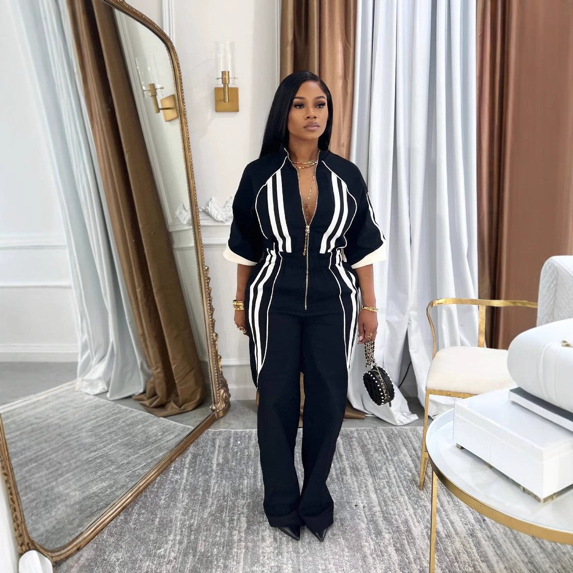 Deep V-Neck Plunge Striped Short Sleeve Zipper Jumpsuit