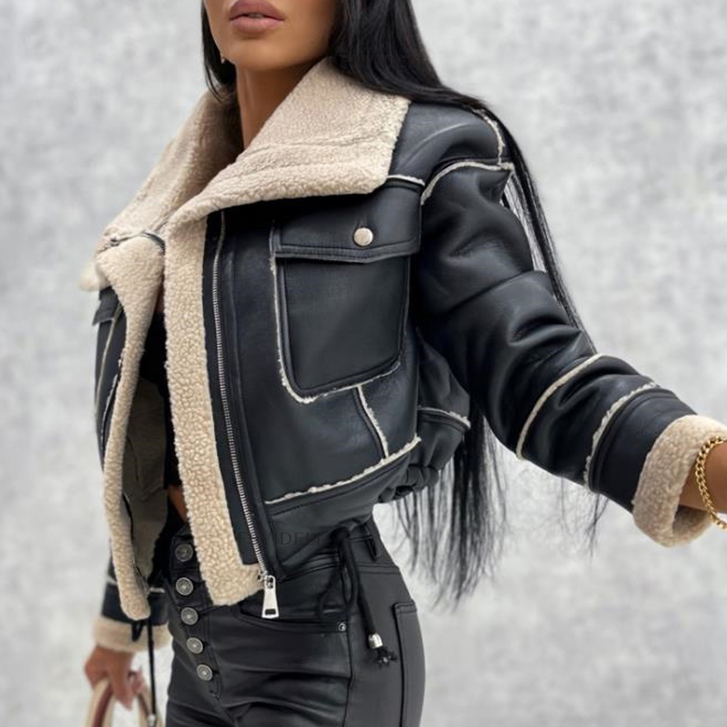 Patchwork Faux Fur PU Leather Lined Women's Short Zipper Drawstring Jacket