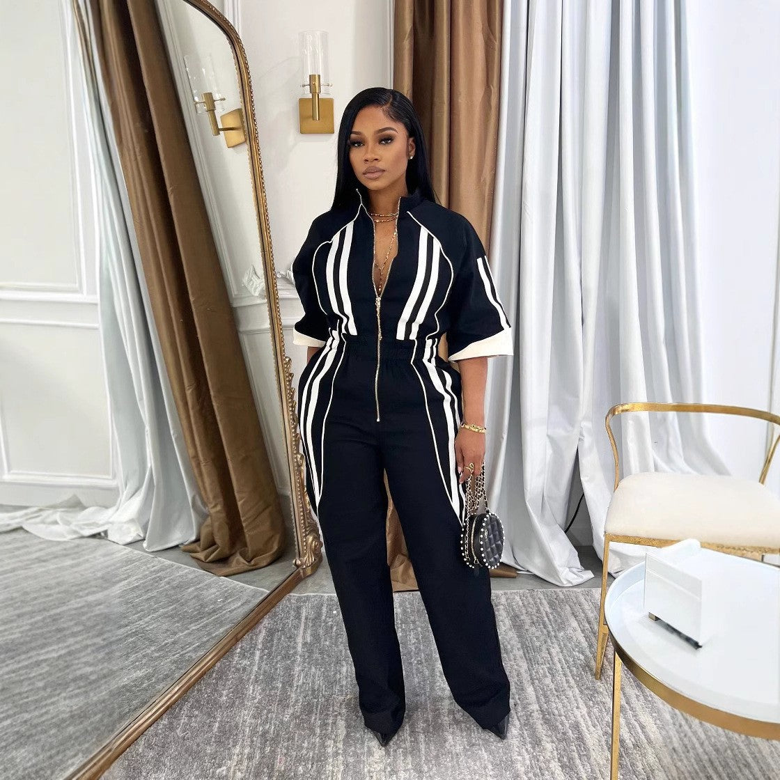Deep V-Neck Plunge Striped Short Sleeve Zipper Jumpsuit