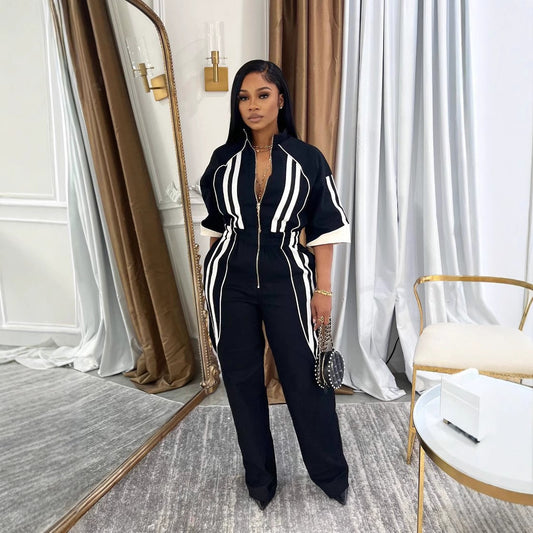 Deep V-Neck Plunge Striped Short Sleeve Zipper Jumpsuit