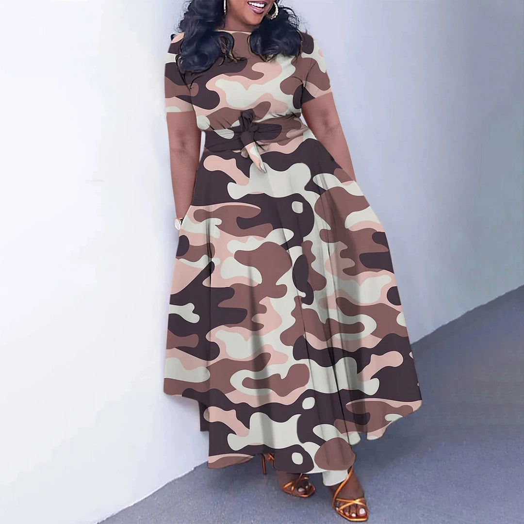 Camoflauge/Newspaper/Faux Denim Colorblock/Floral/Baroque/Geometric/Polka Dot Print Short Sleeve Maxi Office Dress to 3X Plus Size
